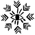 Native American culture. Image of a big open eye in boho style. Hieroglyphs and arrows arranged in a circle. Black and
