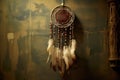native american dreamcatcher hanging against a simple wall