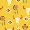 Native American ethnic boho pattern seamless aztec illustration. Wild West with cow skull and dream catcher. Royalty Free Stock Photo