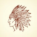 Native American with feathers. Vector drawing Royalty Free Stock Photo