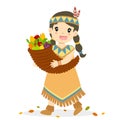 Native American Girl Carrying a Cornucopia Cartoon Vector Royalty Free Stock Photo