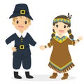 Native American Girl and Pilgrim Boy Cartoon Vector Royalty Free Stock Photo