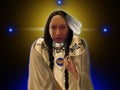 Native American holy woman with a golden halo glowing blue under three stars.