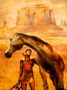 Native american and horse on grunge