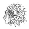 Native American Indian chief head profile. Vector vintage illustration. Hand drawn style. Bohemian element. Tattoo Royalty Free Stock Photo