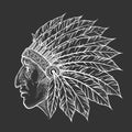 Native American Indian chief head profile. Vector vintage illustration. Hand drawn style. Bohemian element. Tattoo Royalty Free Stock Photo