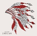 Native American Indian chief. Red and black roach. Indian feather headdress of eagle. Royalty Free Stock Photo