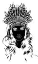 black silhouette of native american indian chief woman wearing traditional feathered headdress black and white vector Royalty Free Stock Photo