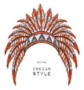 Native American Indian colored chief. orange roach. Indian feather headdress of eagle