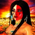 Native American Indian female Beauty, sunset background and painted face in our unique digital art style. Royalty Free Stock Photo