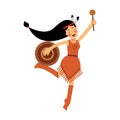 Native american indian girl in traditional costume dancing with tambourine Illustration