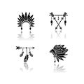 Native american indian hat and amulet drop shadow black glyph icons set. Tribe chief headdress with feathers. Boho style Royalty Free Stock Photo