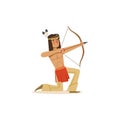 Native american indian kneeling and shooting a bow vector Illustration Royalty Free Stock Photo