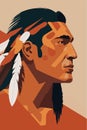 Native american indian man with feathers in profile, vector illustration