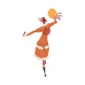 Native American Indian Ritual Dance, Indian Woman Dancing with Tambourine Wearing Traditional Dress Cartoon Style Vector