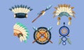 Native American Indian Symbols Set, Ethnic Design Elements, Dreamcatcher, Headdress, Spear Vector Illustration Royalty Free Stock Photo