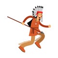 Native american indian in traditional costume and headgear running with spear Illustration Royalty Free Stock Photo