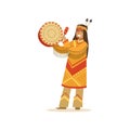 Native american indian in traditional indian clothing playing tambourine vector Illustration