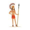 Native american indian in traditional indian clothing with a spear vector Illustration Royalty Free Stock Photo