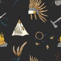 Native american indian warior vintage bohemian pattern on black. Teepee, warbonnet, indian ax, dream catcher boho sioux tribal