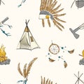 Native american indian warior vintage bohemian pattern. Teepee, warbonnet, indian ax, dream catcher boho sioux tribal print.