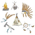 Native american indian warior vintage bohemian sketch. Teepee, warbonnet, indian ax, dream catcher boho sioux tribal print.
