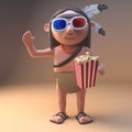 Native American Indian watches 3d movie eating popcorn, 3d illustration