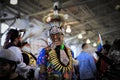 Native American Indian wearing a porcupine roach and a traditional outfit dancing at a powwow in San Francisco, USA