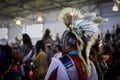 Native American Indian wearing a porcupine roach and a traditional outfit dancing at a powwow in San Francisco, USA