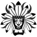 native american indian woman wearing traditional tribal feathered headdress - black and white vector profile head Royalty Free Stock Photo