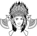 native american indian woman wearing traditional tribal feathered headdress - black and white vector Royalty Free Stock Photo