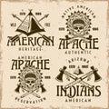 Native american indians set of four vector emblems, labels, badges or logos in vintage style on dirty background with Royalty Free Stock Photo