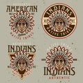 Native american indians set of four vector vintage emblems, labels, badges or logos with chief head in colorfil cartoon Royalty Free Stock Photo