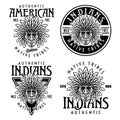 Native american indians set of four vector vintage emblems, labels, badges or logos with chief head in monochrome style Royalty Free Stock Photo