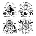 Native american indians set of four vector vintage emblems, labels, badges or logos in monochrome style isolated on Royalty Free Stock Photo