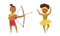 Native American indians set. Man and woman native americans in traditional clothes dancing and shooting with bow cartoon