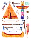 Native American indians traditional objects. Wigwam, totem pole, canoe, weapons. Hand drawn watercolor illustration set