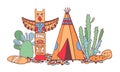 Native American indians traditional settlement. Tipi, totem pole and cactuses. Vector color hand drawn illustration Royalty Free Stock Photo