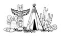 Native American indians traditional settlement. Tipi, totem pole and cactuses. Vector hand drawn sketch illustration Royalty Free Stock Photo