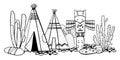 Native American indians traditional village. Two wigwams, totem pole and cactuses. Vector hand drawn sketch illustration Royalty Free Stock Photo