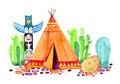 Native American Indians village. Teepee, totem pole and cactuses. Hand drawn watercolor illustration Royalty Free Stock Photo