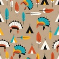 Native American Inspired Geometric Pattern with Feathers and Tipis Royalty Free Stock Photo