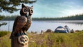 A Native American-inspired owl totem, overlooking a tranquil lakeside campsite.