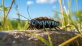 Native American Inspired Wildlife Muralism: Black And Blue Caterpillar In Dramatic Lighting