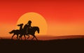 Native american man and woman riding horses at sunset vector silhouette outline Royalty Free Stock Photo