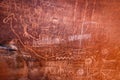 Native American petroglyphs - art drawings, estimated to be over 4000 years old, at Atlatl Rock, Valley of Fire State Park Royalty Free Stock Photo