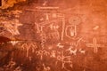 Native American petroglyphs - art drawings, estimated to be over 4000 years old, at Atlatl Rock, Valley of Fire State Park Royalty Free Stock Photo