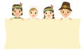 Native American and Pilgrim Boys and Girls Holding an Empty Banner Cartoon Vector Royalty Free Stock Photo