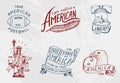 Native american set. old, labels or badges for camping, hiking, hunting. statue and bell of freedom or Liberty, flag Royalty Free Stock Photo