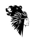 Native american shaman chief and wild bear black and white vector portrait design